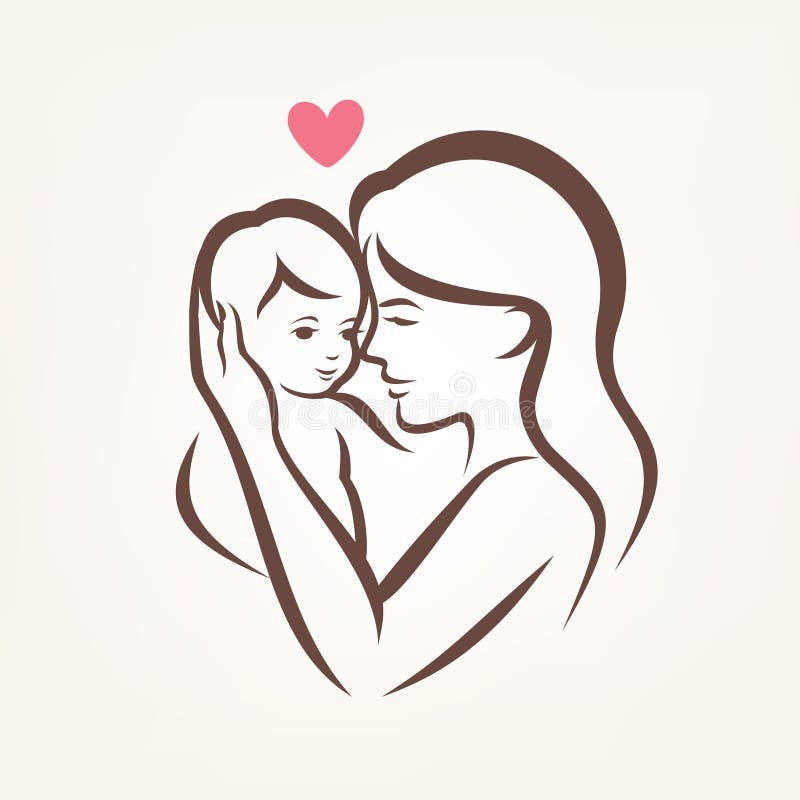 Mother and son stylized vector silhouette, outlined sketch of mom and child. Mother and son stylized vector silhouette, outlined sketch of mom and child