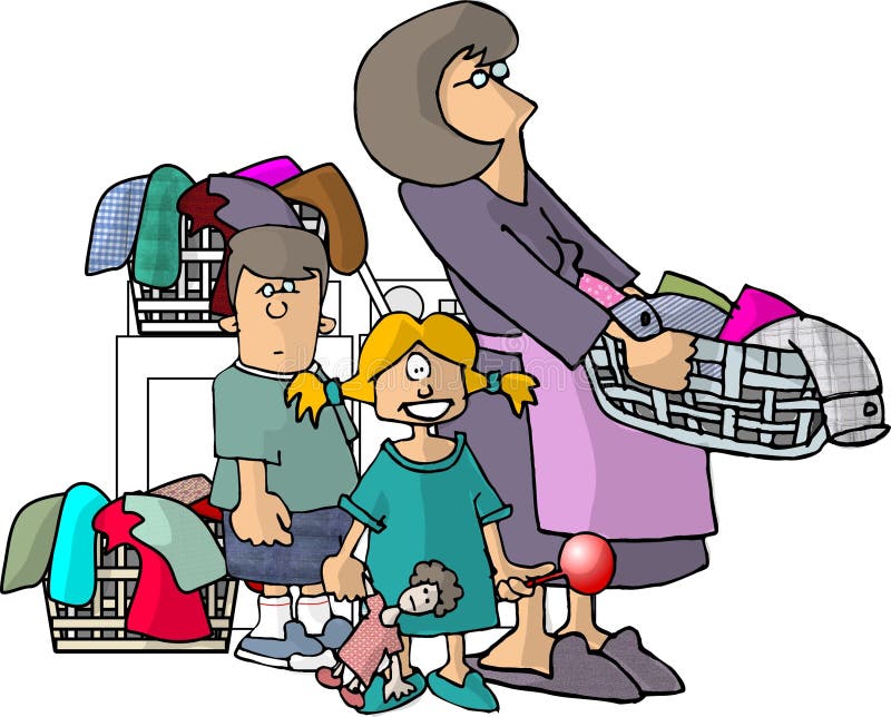 Mamma, jonge geitjes en hun wasserij stock illustratie Mamma, jonge geitjes en hun wasserij stock illustratie