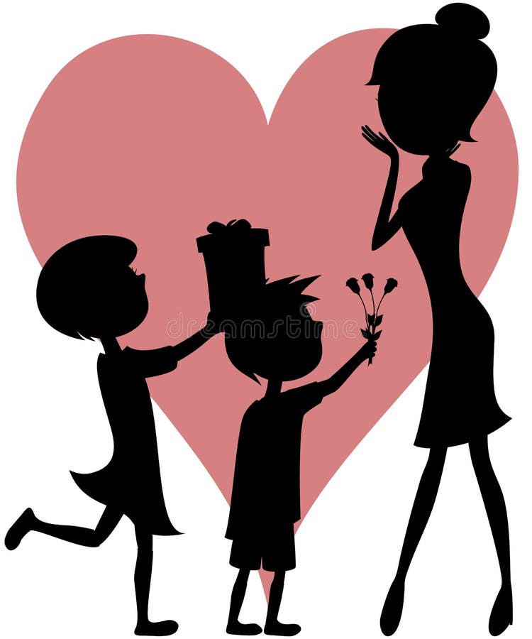 ¡Mamá de la sorpresa (caja de regalo de la hija, de las flores del hijo - siluetas)! ilustración del vector ¡Mamá de la sorpresa (caja de regalo de la hija, de las flores del hijo - siluetas)! ilustración del vector