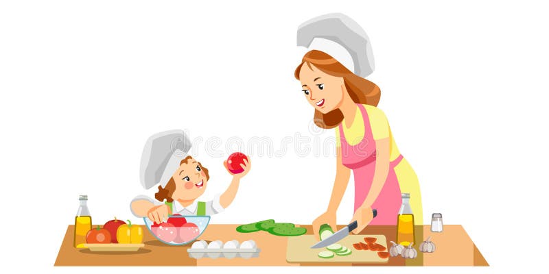 Mamá y niña preparando comida saludable en casa. crianza de la maternidad. concepto de vacaciones en el día de la madre stock de ilustración