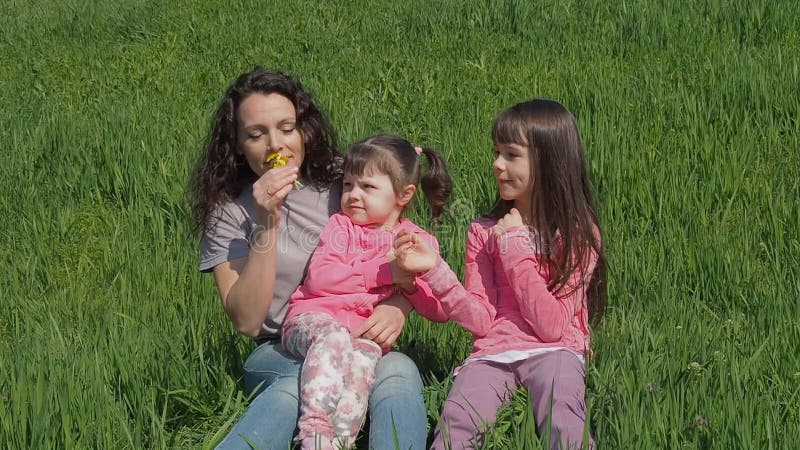 A mamã e a filha estão aspirando flores amarelas Família na natureza no verão Mulher com as meninas na grama verde Família feliz