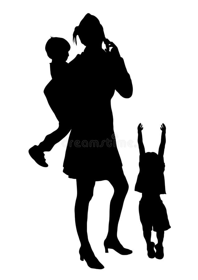 Silhouette of busy woman with children. Silhouette of busy woman with children