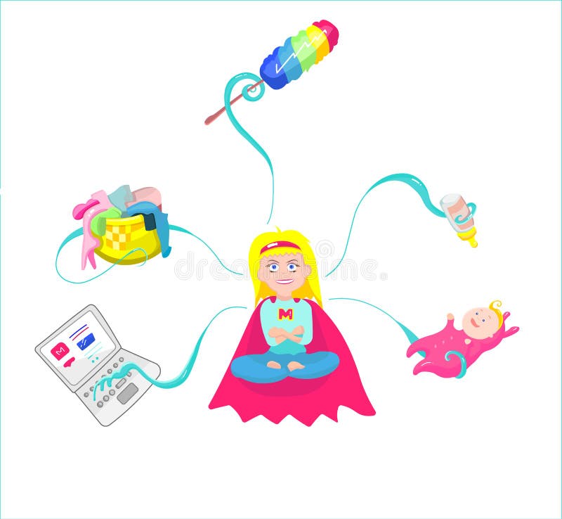 Mamã super - mãe com bebê, funcionamento, etc. ilustração stock Mamã super - mãe com bebê, funcionamento, etc. ilustração stock