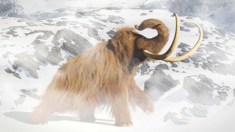 Mamífero gigantesco, prehistórico lanoso en paisaje de la edad de hielo libre illustration Mamífero gigantesco, prehistórico lanoso en paisaje de la edad de hielo libre illustration