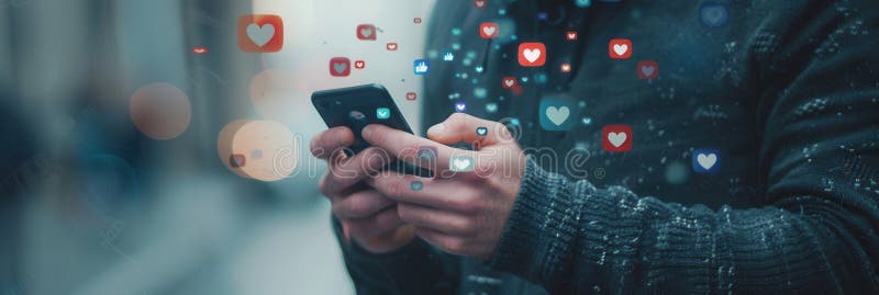 A man is actively using his smartphone, surrounded by floating social media likes icons in a busy urban environment royalty free stock photo