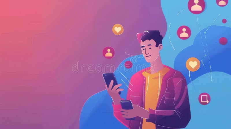 A man is actively using smartphones as social media icons depicting likes and reactions float around him in a vibrant royalty free stock photo