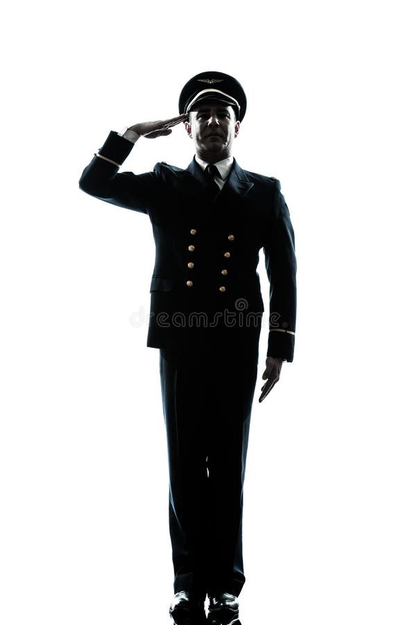 Man in airline pilot uniform silhouette saluting