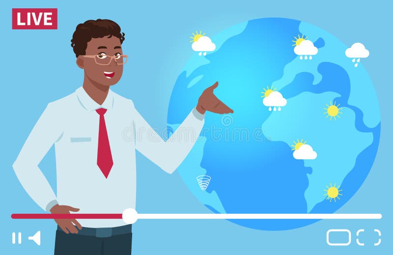 Man anchorman wheather channel vector illustration. Worldwide weather forecast concept