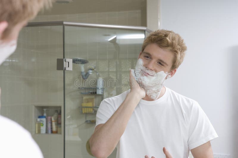 Man Applying Shaving Cream in Bathroom Stock Photo Image of ethnicity