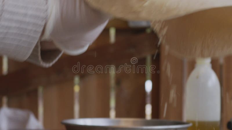 A man in an apron is rolling out pizza dough on a table sprinkled with flour. On the table in front of him are bowls of