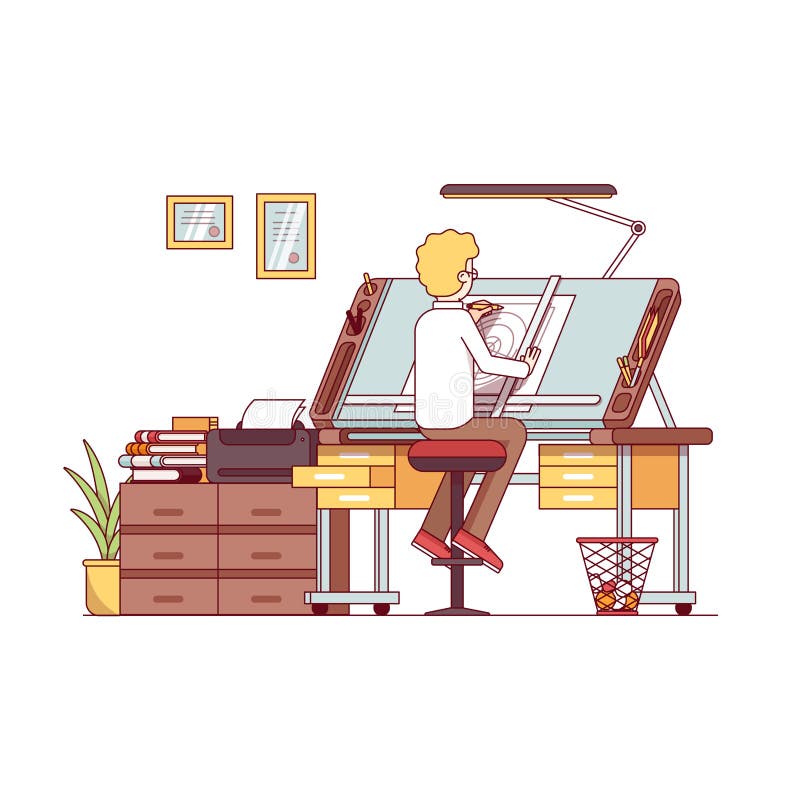 Man architect drawing project at designer studio royalty free illustration Man architect drawing project at designer studio royalty free illustration
