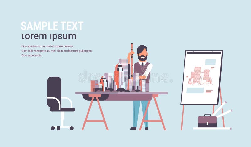 Man architect holding level engineer working with new building city model for urban panning project concept house stock illustration Man architect holding level engineer working with new building city model for urban panning project concept house stock illustration
