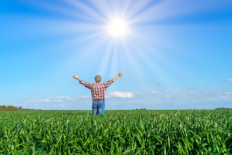 A man as a farmer poses in a field, dressed in a plaid shirt and jeans, he looks into the distance and raises his hands high in the sun