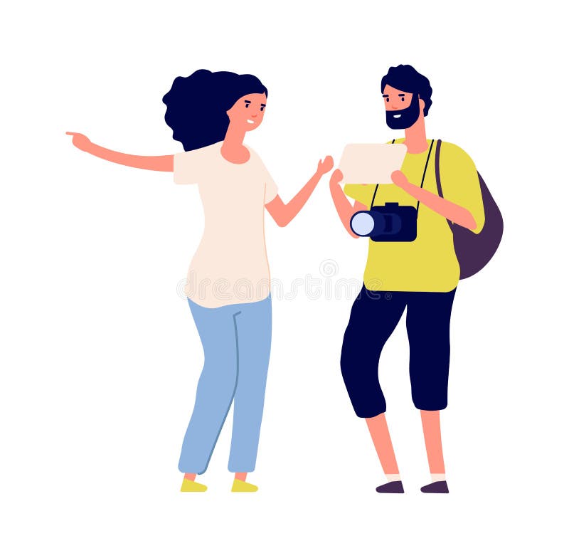 Man ask road. Tourist and young woman. Isolated traveller photographer with backpack. Flat girl and boy talking vector