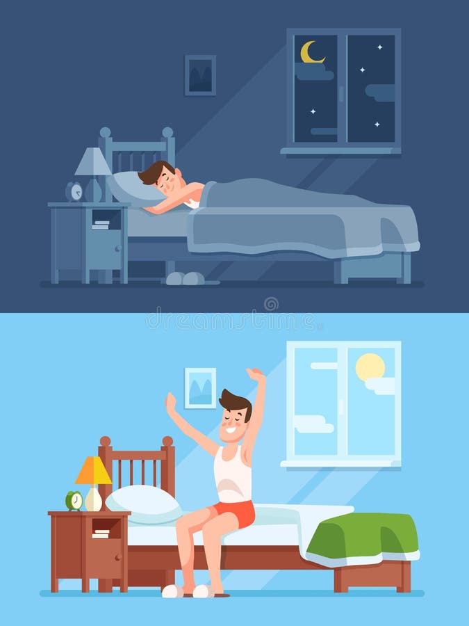 Man sleeping under warm duvet at night, waking up morning and getting out of comfortable soft bed. Peacefully sleep in comfy bedding cartoon vector concept. Man sleeping under warm duvet at night, waking up morning and getting out of comfortable soft bed. Peacefully sleep in comfy bedding cartoon vector concept