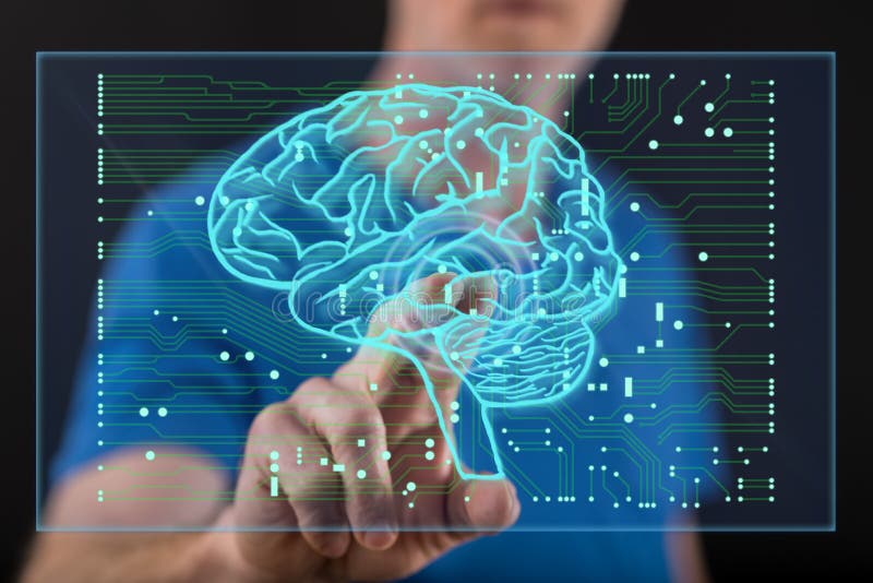 Man att trycka på ett begrepp för konstgjord intelligens på en pekskärm vektor illustrationer