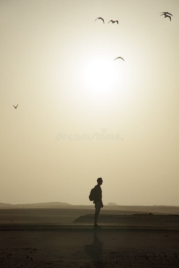 Man with a backpack in the roadside in the desert royalty free stock image Man with a backpack in the roadside in the desert royalty free stock image