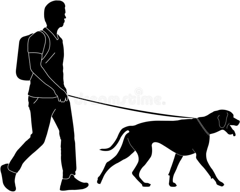 Man with Backpack Walking Dog, Silhouette Vector Stock Vector
