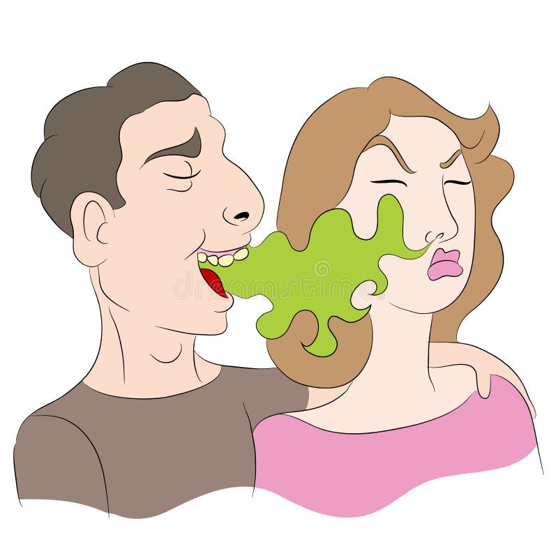 An image of a cartoon of a woman noticing a man has bad breath.