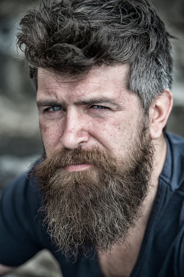 Man with Beard and Mustache, Close Up. Bearded Man on Serious Face ...