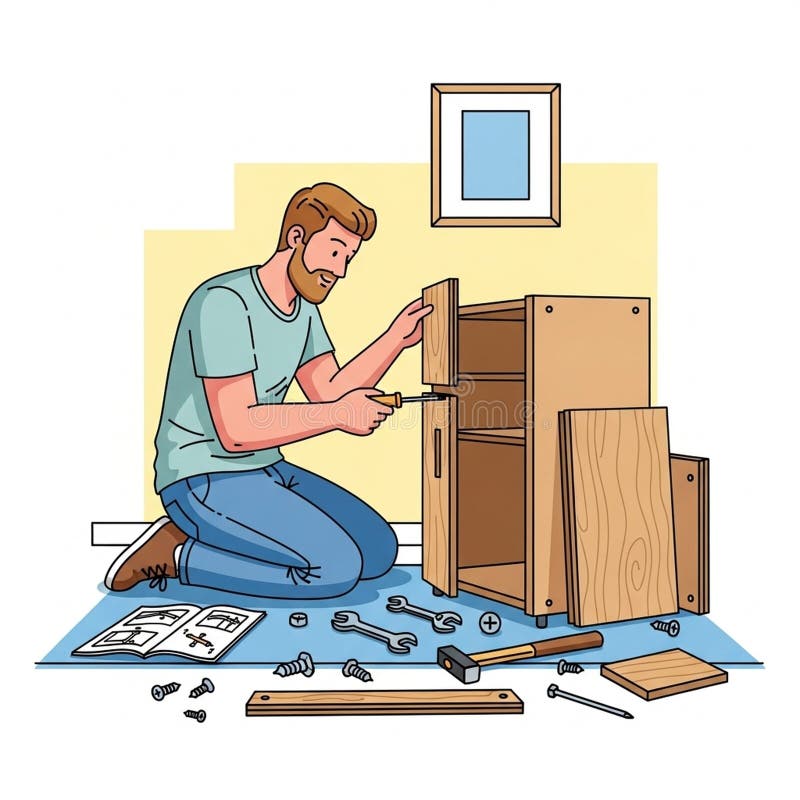 A man with a beard, sitting on his knees, assembles a wooden cabinet using a stock illustration