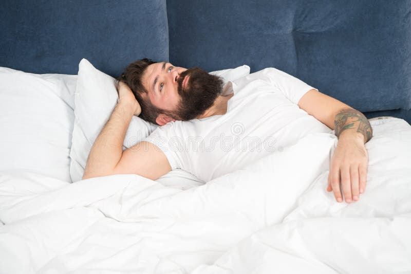 Man Bearded Hipster Having Problems With Sleep Guy Lying In