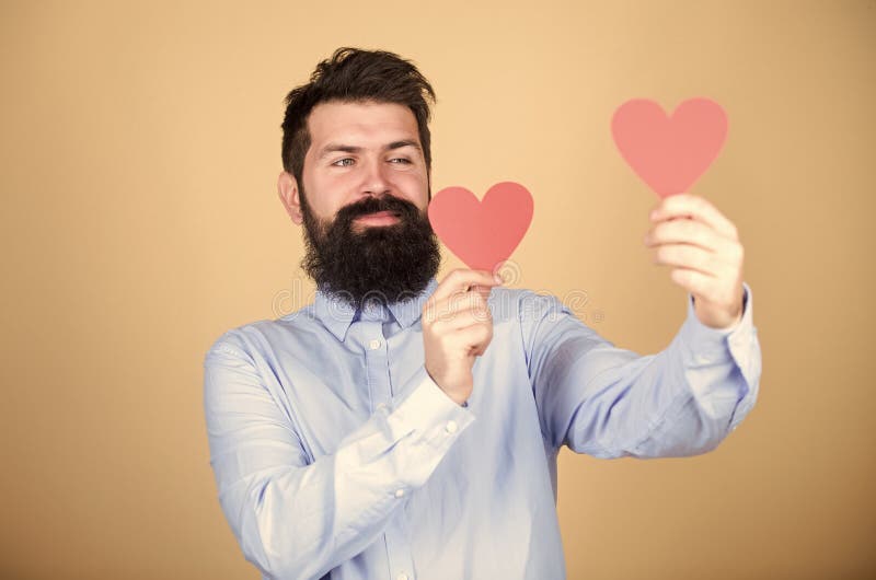 Man Bearded Hipster With Heart Celebrate Valentines Day Guy With Beard And Mustache In Love