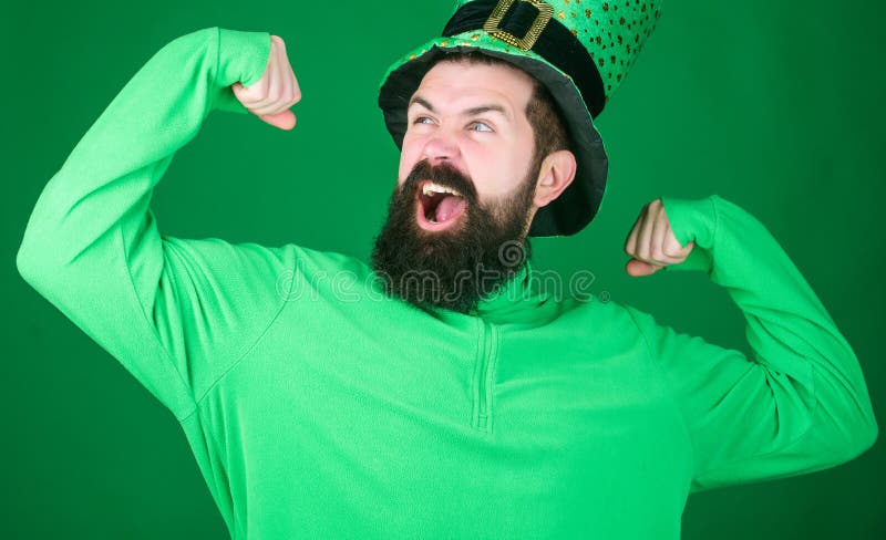 Man bearded hipster wear hat. Saint patricks day holiday. Green part of celebration. Happy patricks day. St patricks day.