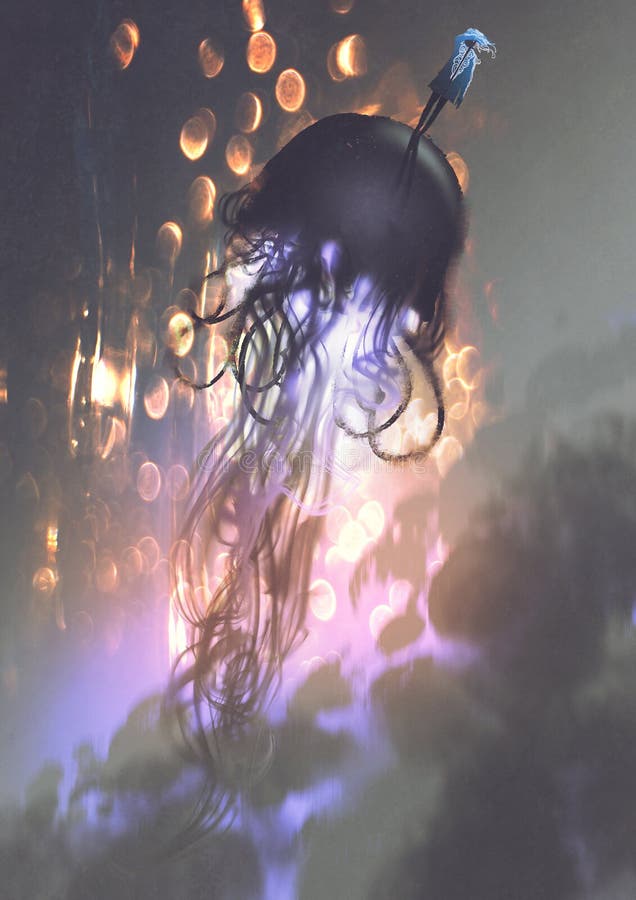 Man and big jellyfish floating in the air stock illustration