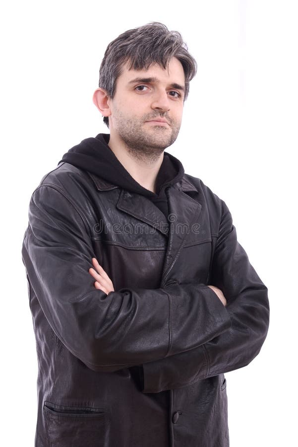 Man in Black Black Leather Jacket with Hood Stock Photo Image of