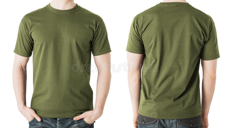 Man in blank khaki t-shirt, front and back view