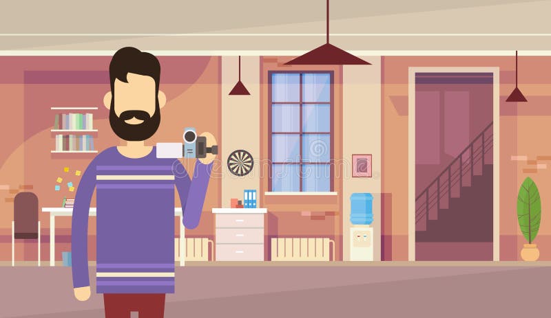 Man Blogger Hold Camera Office Interior Video Blogging Concept stock illustration