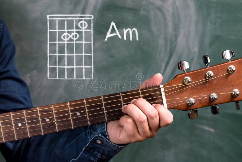 Man Playing Guitar Chords Displayed on a Blackboard, Chord am Stock