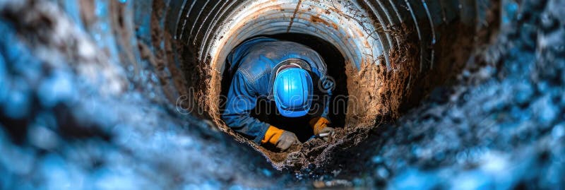 A man in a blue helmet is working in a tunnel stock images