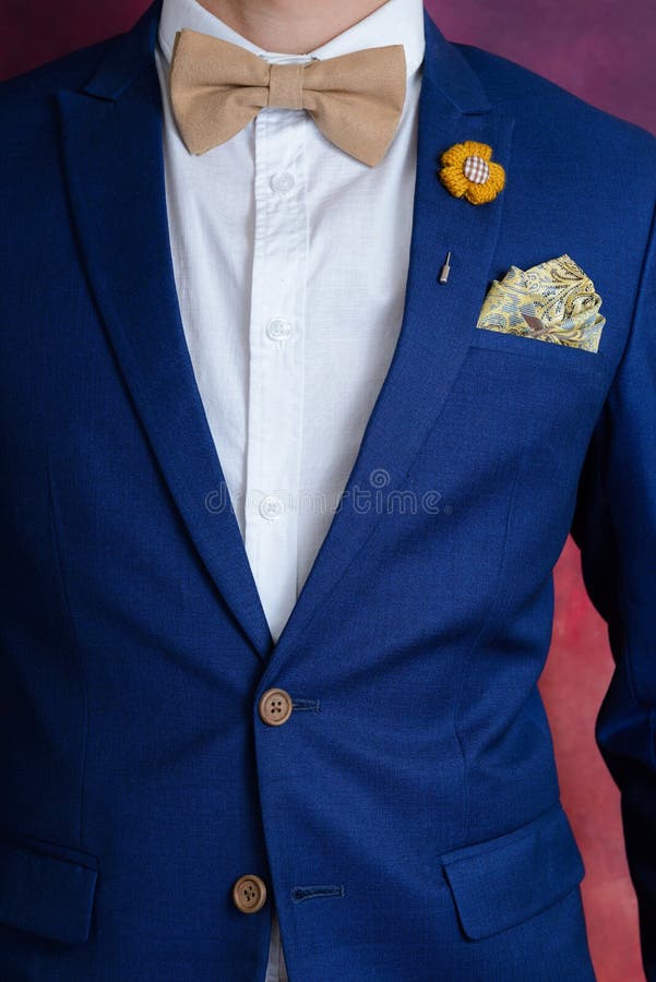 Man in Blue Suit Bowtie, Pocket Square Stock Photo - Image of adjusting ...