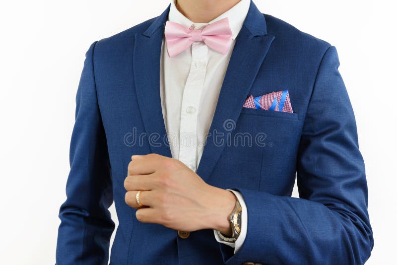 Man in Blue Suit Bowtie, Pocket Square Stock Image - Image of jacket ...