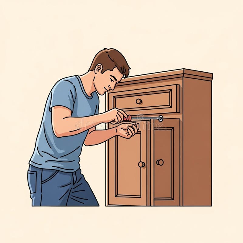 A man in a blue t-shirt and jeans is using a screwdriver on a wooden cabinet. The cabinet has a stock illustration