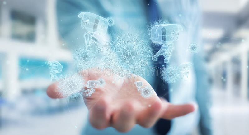 Man holding and touching nanorobot holographic projection with virus 3D rendering stock photo Man holding and touching nanorobot holographic projection with virus 3D rendering stock photo