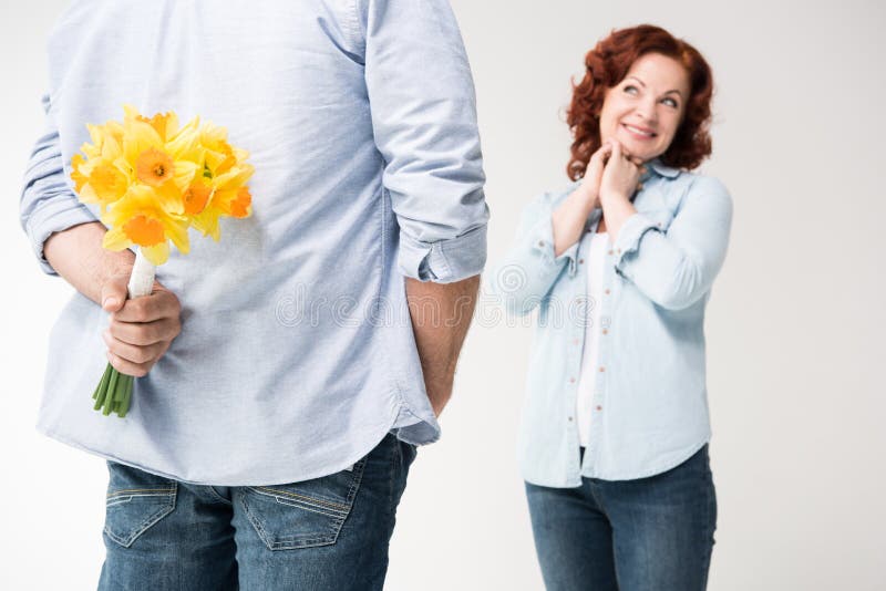 Mature couple with bouquet royalty free stock image Mature couple with bouquet royalty free stock image