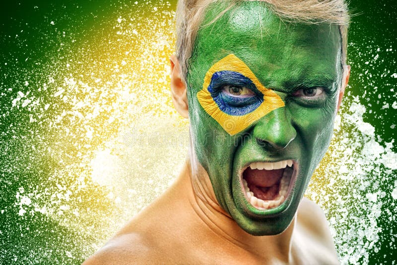 Man with Brazil Flag Painted on Face Stock Photo Image of green