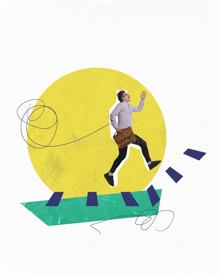 Man with briefcase running toward abstract shapes and bright background, symbolizing ambition and progress. Contemporary stock photo