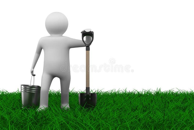 Man with bucket and shovel on grass