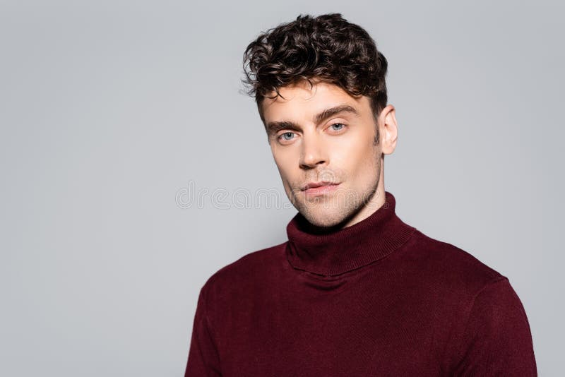 Man in Burgundy Turtleneck Jumper Posing Stock Image - Image of jumper ...