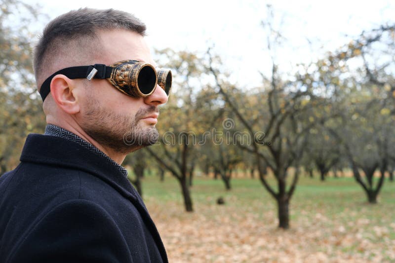 Close Portrait Handsome Young Man Steampunk Goggles Golden Mask