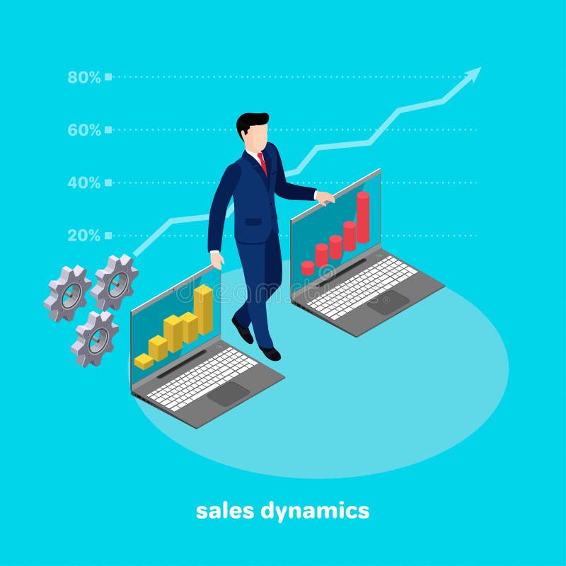 A man in a business suit presents charts of sales growth on laptops royalty free illustration