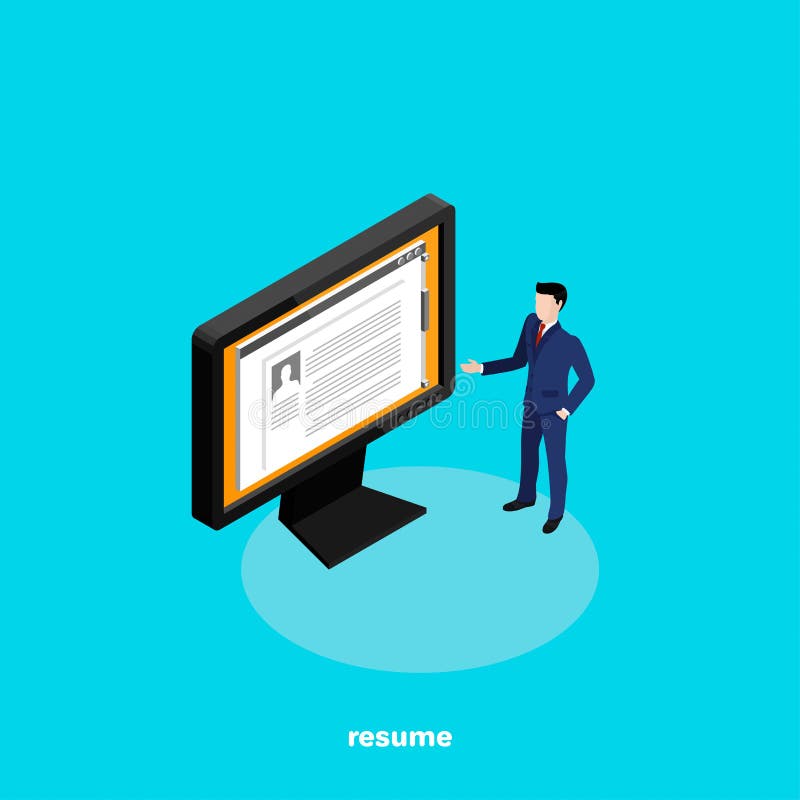 A man in a business suit presents his resume on a computer monitor stock illustration