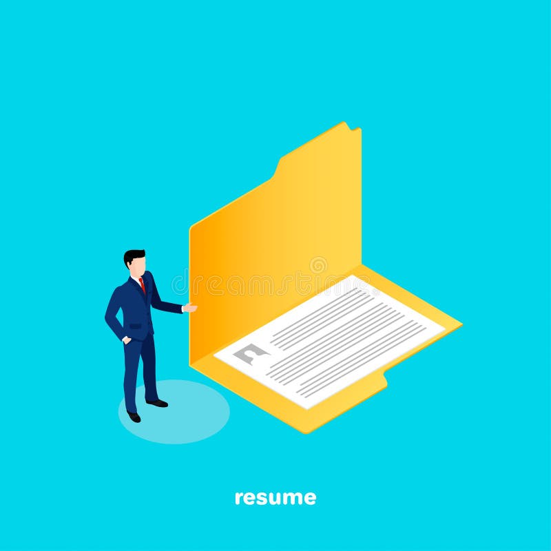A man in a business suit presents his resume in an open folder royalty free illustration
