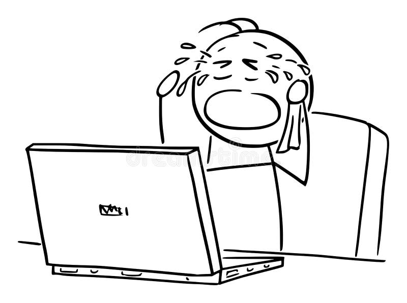Man or Businessman Crying When Working on Computer in Office, Vector Cartoon Stick Figure Illustration royalty free illustration