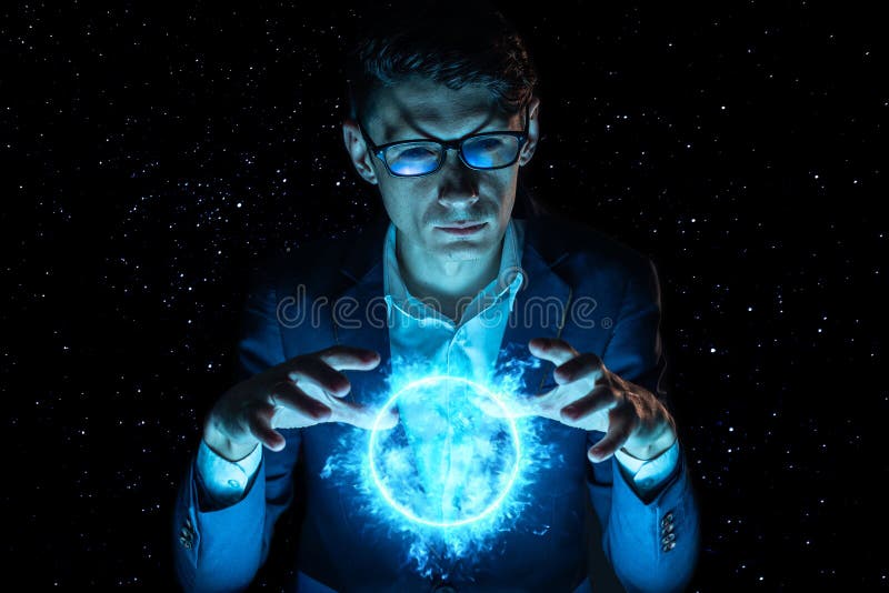 A man businessman holding hands over a blue glowing plasma sphere. Magic prediction and foresight in business and Finance