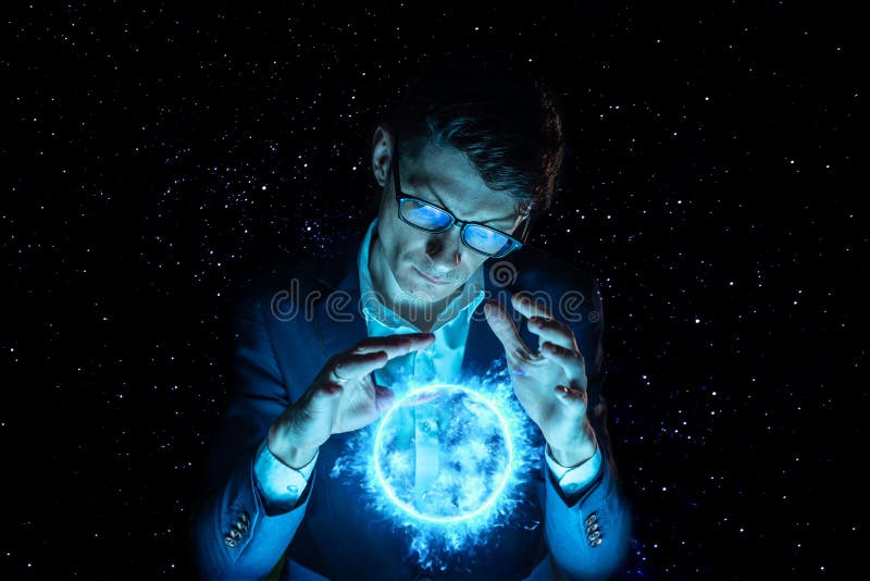 A man businessman holding hands over a blue glowing plasma sphere. Magic prediction and foresight in business and Finance